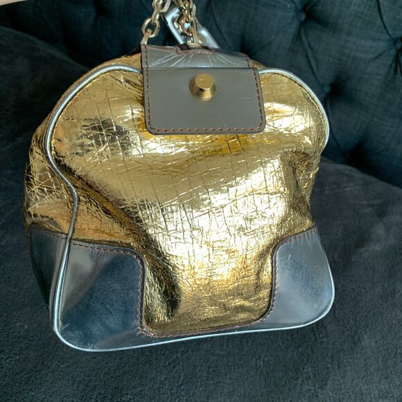 Lanvin Purse Large Tote Shoulder Bag Gold Silver Leather Lambskin Luxury Vintage - Picture 8 of 17
